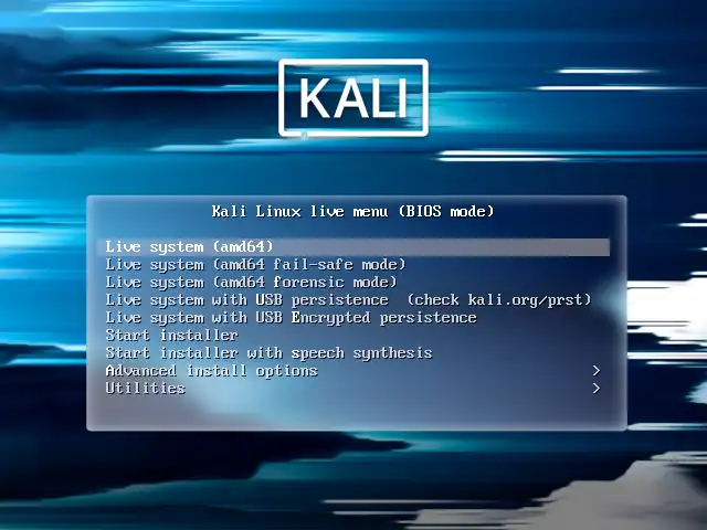 Kali Linux 2024 boot menu.