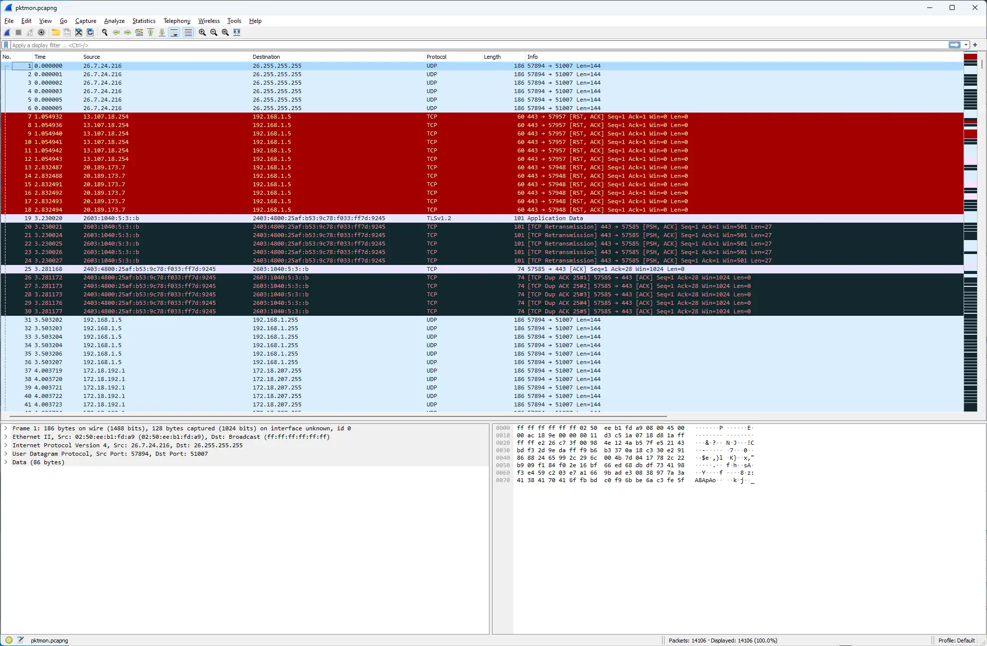 Viewing a network packet capture in Wireshark.