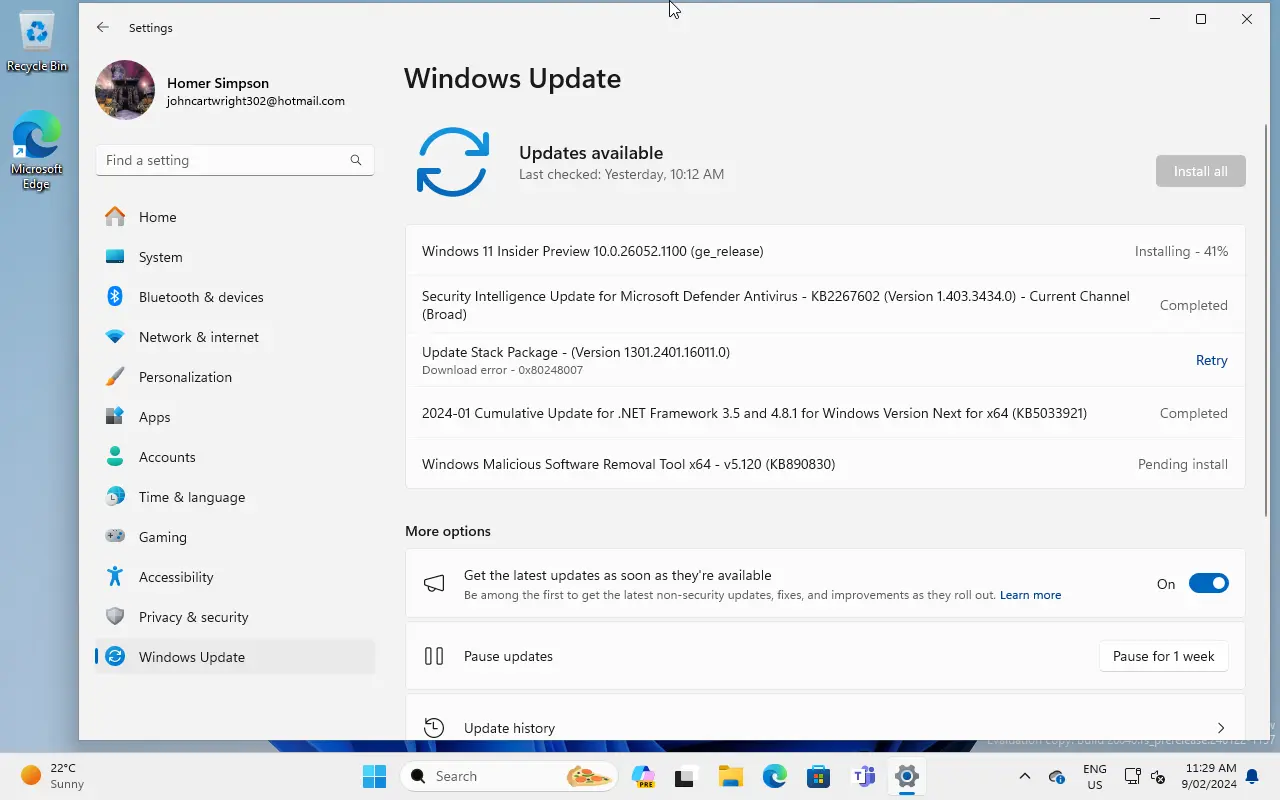 Updating Windows 11 with Windows Update.