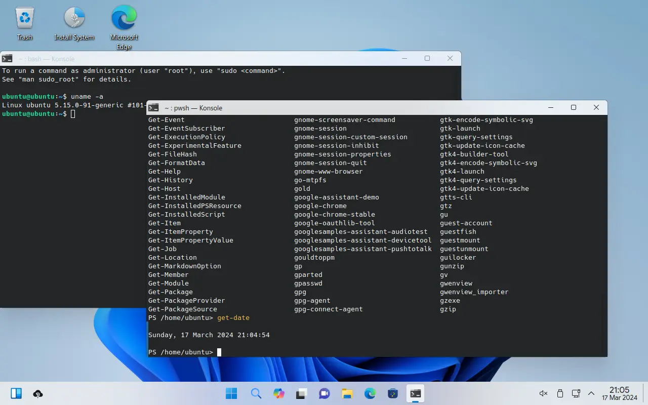 The Wubuntu desktop running Terminal and Powershell together.