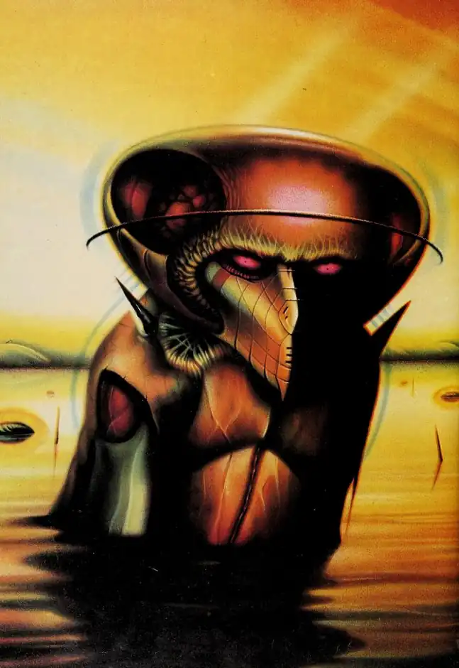 Art by Joe Petagno, an alien in water on a foreign planet.